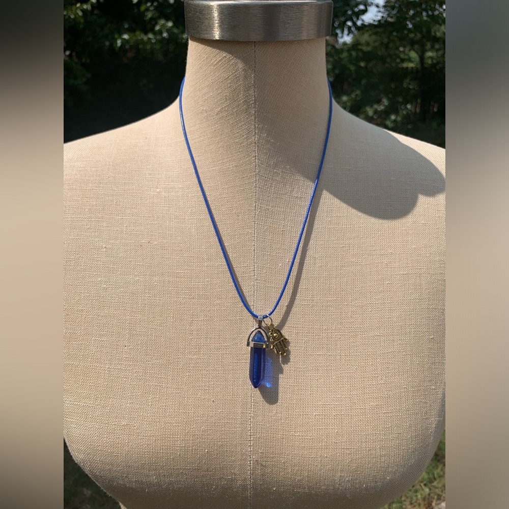 Handmade Cobalt Blue Resin Crystal Amulet Necklace & Hamsa Hand Charm - Picture 9 of 11